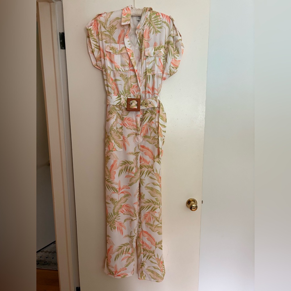 Aura Leaf Print Jumpsuit with Belt
